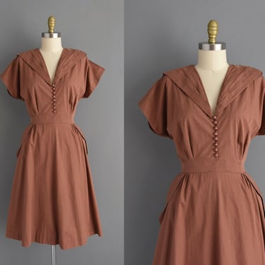 1950s vintage dress | Nutmeg Brown Cotton Short Sleeve Full Skirt Shirtwaist Dress | Large | 50s dress 