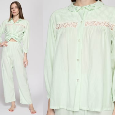 Medium 70s Mint Green Felt Pajama Set | Vintage Two Piece Peter Pan Collar Loungewear Outfit 