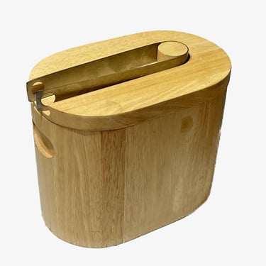 Georges Briard Blonde Teak & Steel Ice Bucket w/ Integrated Tongs | Mid-Century Modern Barware | Made in Thailand 
