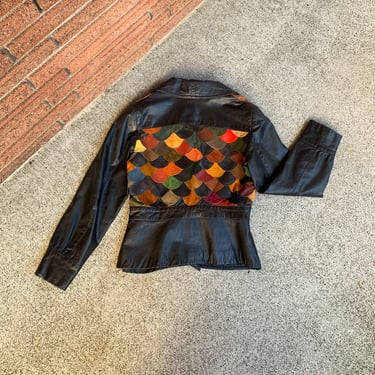 70s black leather rainbow fish jacket 
