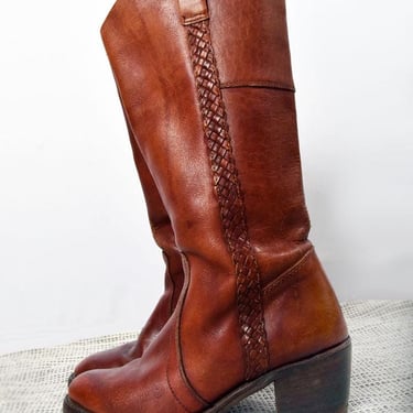 Vintage Leather Tall Boots 1970's, size 7.5 Womens, Boho Hippie Brown Braided Western Frye  Campus style Stacked Wood Heel 