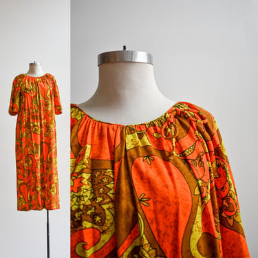 1960s Orange Hawaiian Kaftan Dress 
