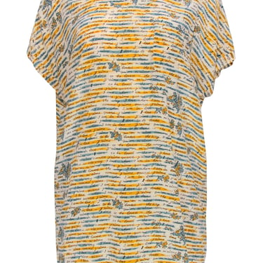 Joie - White, Yellow &amp; Blue Floral &amp; French Text Print Silk Shift Dress Sz XS