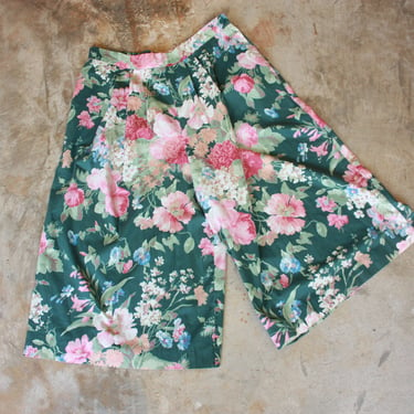 80s Forest Green Floral Culottes Wide Leg Cropped Pants Size XL 