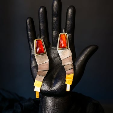 Oxidized Sterling Silver and 24K Gold Hessonite Earrings