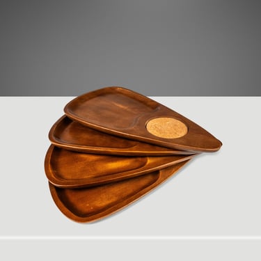 Set of Four (4) Mid-Century Modern Serving Trays in Solid Walnut & Cork, Japan, c. 1970's 