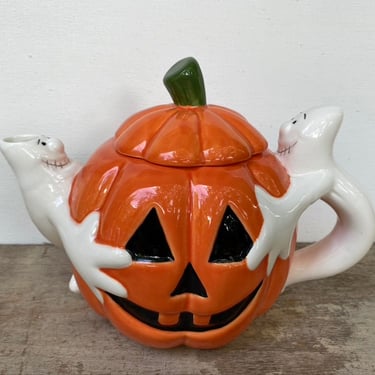 Vintage Jack O Lantern Tea Pot With Ghost Handles, Halloween Decor, Party, By Papel Freelance 