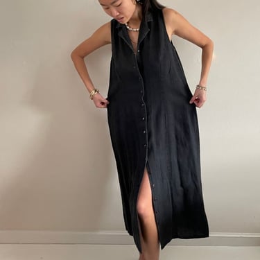 Vintage 90s 100% Linen Maxi Sleeveless Shirt Dress - Black