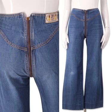70s RAG CITY BLUES zip around jeans 28  / vintage 1970s ultra rare full zipper pants bells flares sz 6-8 