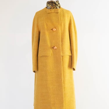 Elegant 1960's Sculptural Wool Coat In Dijon With Wood Buttons / Medium