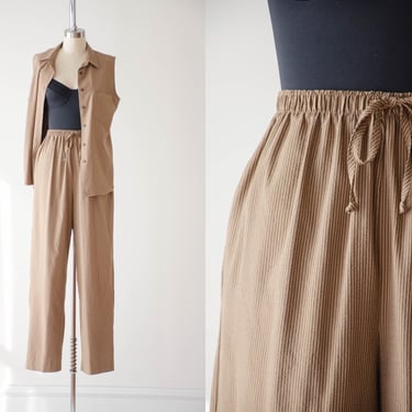 brown pants set | 90s vintage brown beige striped elastic waist straight leg pants sleeveless shit vest 