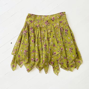 1990s Betsey Johnson Green Floral Print Silk Chiffon Skirt 