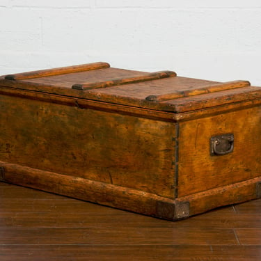 Antique Country French Farmhouse Pine Steamer Trunk or Coffee Table 