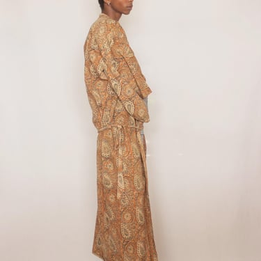 1970s India Cotton Block Print Floor Length Kimono Robe 
