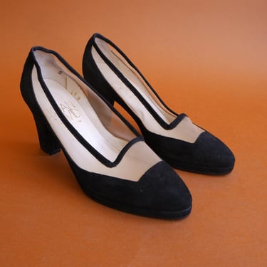 Vintage 90s Suede and Mesh Joan & David Pumps/ 1990s Black High Heels/ Size 6 