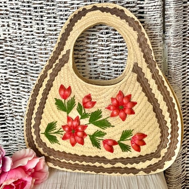 Woven Straw Raffia Purse, Floral, Vintage Handbag, 60s 70s 