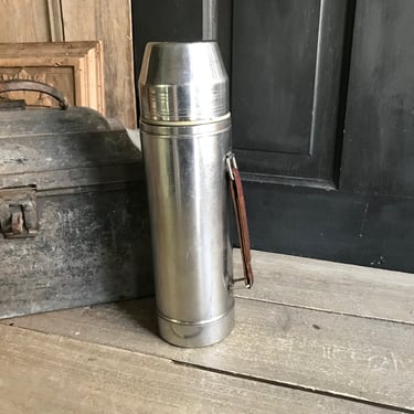 Stainless Uno Vac Thermos Flask, New Britain, Conn, USA, Leather Handle, Mid Century 