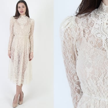 Vintage 80s Deco Wedding Dress / Sheer Ivory Floral All Over Lace / Victorian Style Romantic Lawn Midi Mini Dress 
