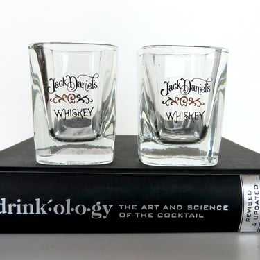 Set of 2 Vintage Jack Daniels Whiskey Shot Glasses, Square Glass Jack Daniels 22K Gold Trim Barware 