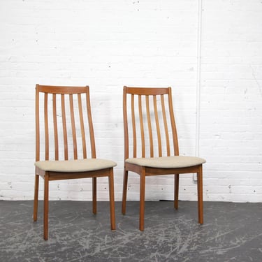 Pair of Vintage MCM teak wood and upholstered seats tall back dining chairs | Free delivery only in NYC and Hudson Valley areas 