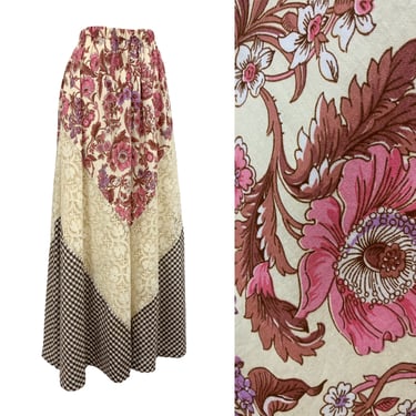 Vtg Vintage 1970s 70s Joy Stevens Pink Brown Floral Gingham Patchwork Maxi Skirt 