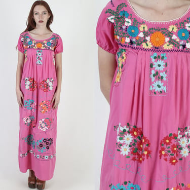Pink Womens Mexican Maxi Dress / Vintage Heavily Hand Embroidered Dress / Womens Floral Puebla Cotton Puff Sleeve Long Dress 