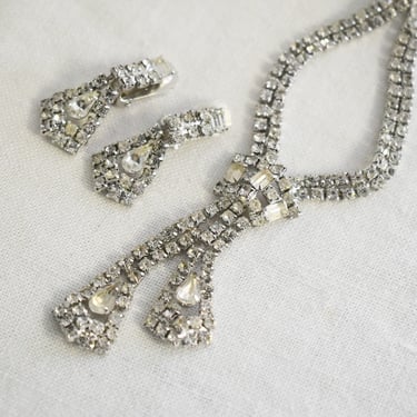 1960s Rhinestone Necklace and Clip Earrings Set 
