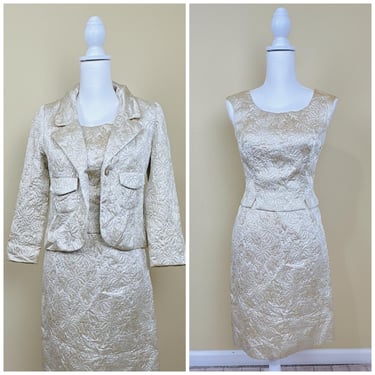 1960s Vintage Gold and Cream Brocade Suit / 60s Metallic Satin Jacket, Pencil Skirt and Tank Top / XS 