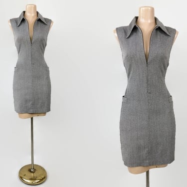 VINTAGE 90s Sexy Zip Front Office Chic Body Con Dress Sz 4 By Maggie Lawrence 