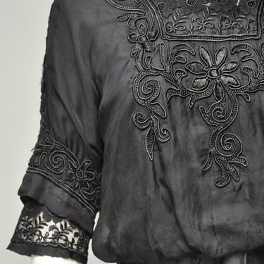 antique 1900s Edwardian black silk floral embroidered blouse XS-M 