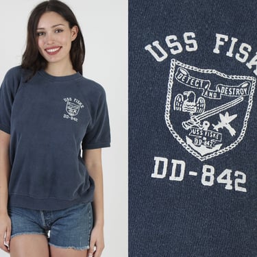 1960s United States Navy Short Sleeve Sweatshirt, Vintage 60s USN Military Destroyer Ship, Soft Cotton WW2 Era War Shirt 