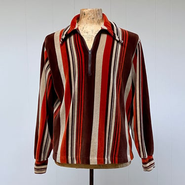Vintage 1970s Striped Zip-Front Velour, 70s Gender Neutral Earthtone Hipster Pullover, Large 44