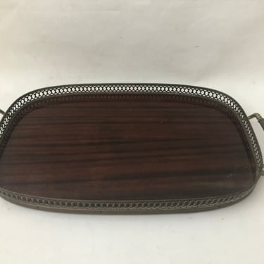 Mahogany Brass Serving Tray Platter  Mid Century 