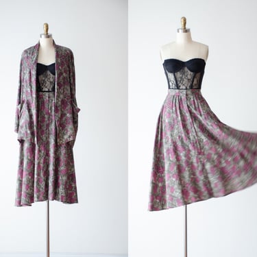 midi skirt set | 80s 90s vintage black pink abstract pattern flowy skirt oversized jacket 2 piece set 