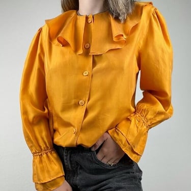 Vintage 80s Women’s Bright Orange Ruffle 100% Silk Button Up Silk Blouse Size Small 