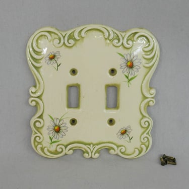 Vintage Light Switch Cover - Double Switchplate - Ivory Ceramic w/ Muted Green - Daisy Flowers Floral - Two Switch Openings - Dated 1977 