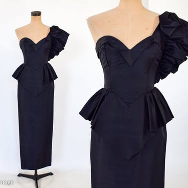 1980s Black Evening Dress | 80s Black Taffeta One Shoulder Formal | Climax | X Small 