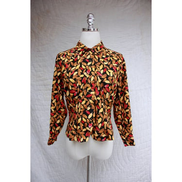 80s does 40s Cropped Blouse Black with Autumn Leaf Print Spooky Goth Size S 