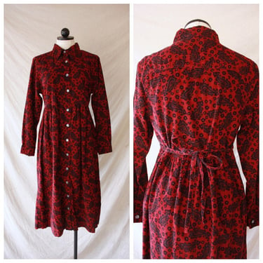 90s Dark Red Corduroy Dress with Paisley Print Long Sleeve Size M 