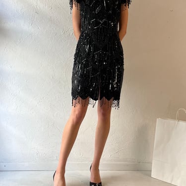 80s 'Laurence Kagar' Black Sequin Beaded Dress / Medium 