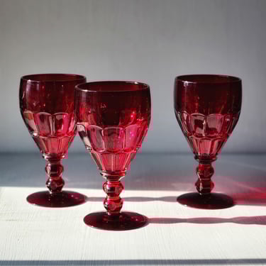 Hostmaster Ruby Red wine glasses New Martinsville thumbprint stemware 1930s set of three 