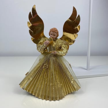 Vintage German Golden Angel Tree Topper, European Angel Tree Topper, Gold Foil, Gold Accordion skirt, Made in West Germany ceramic head hand 