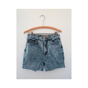 Vintage 80s Denim Shorts - High Waisted Acid Wash Jean Short Cut Offs with Frayed Hems - Size Small 