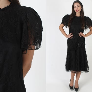 80s Gothic Wedding Dress / Sheer Black Lace Medieval Style / 1980s Mermaid Hem Floral Material / See Through Deco Midi 