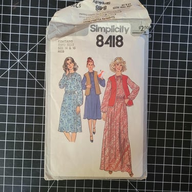 simplicity 8418 size 14 or 16, medium or large 70s loose caftan with vest, pullover casual work wear, 1977 muu muu 