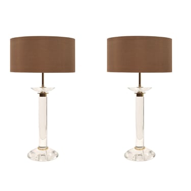 Karl Springer Pair of "Candlestick Lamps" in Solid Lucite and Brass 1970s