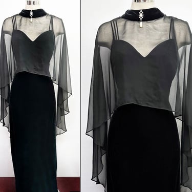 Vintage Black Velvet Evening Gown Long Dress & Chiffon Cape 1970's Holiday Party Dress LARGE 