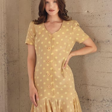 Vintage 1990s Neiman Marcus Silk Nude + Butter Yellow Dot Print Midi Dress with Pleated Ruffle Trim sz 2 4 Dotted 