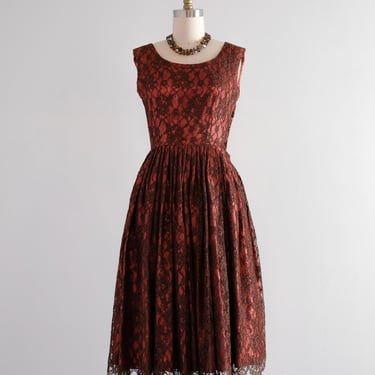 Sweet 1950's Burnt Sienna & Lace Autumnal Party Dress / Sz XS