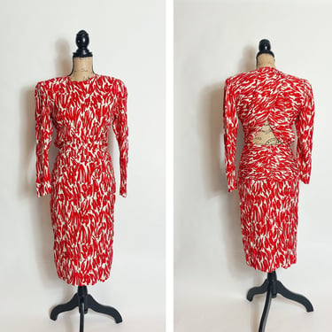 Vintage Adrianna Pappell Red and White Abstract Print Dress 